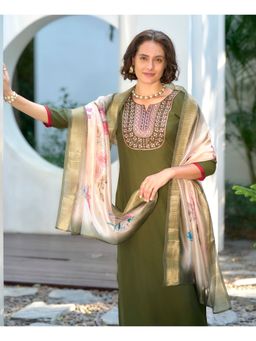 MOJILAA - Women Green Vatican Silk Embroidered Straight Kurta with Pant & Dupatta (Set of 3)