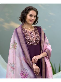 MOJILAA - Women Purple Vatican Silk Embroidered Straight Kurta with Pant & Dupatta (Set of 3)