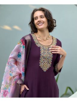 MOJILAA - Women Purple Vatican Silk Embroidered Straight Kurta with Pant & Dupatta (Set of 3)