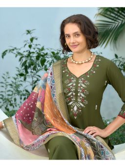 MOJILAA - Women Green Vatican Silk Embroidered Straight Kurta with Pant & Dupatta (Set of 3)