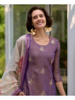 MOJILAA - Women Purple Tissue Silk Embroidered Straight Kurta with Pant & Dupatta (Set of 3)