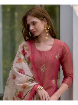 MOJILAA - Red Tissue Silk Embroidered Straight Kurta with Pant & Printed Dupatta (Set of 3)