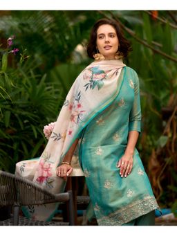 MOJILAA - Sea Green Tissue Silk Embroidered Straight Kurta with Pant & Dupatta (Set of 3)