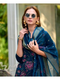 MOJILAA - Women Blue Rayon Embroidered Straight Kurta with Pant & Printed Dupatta (Set of 3)