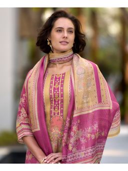 MOJILAA - Pink Silk Blend Geometric Straight Kurta with Pant & Printed Dupatta (Set of 3)