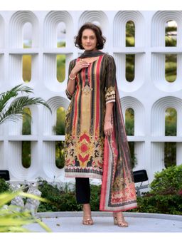 MOJILAA - Black Silk Blend Geometric Straight Kurta with Pant & Printed Dupatta (Set of 3)