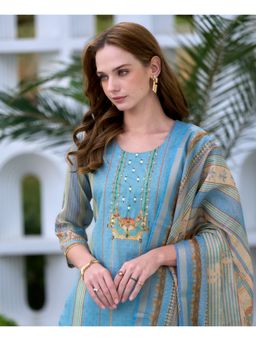 MOJILAA - Women Sky Blue Silk Blend Geometric Straight Kurta with Pant & Dupatta (Set of 3)