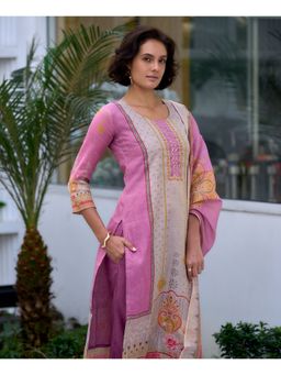 MOJILAA - Grey Silk Blend Geometric Straight Kurta with Pant & Printed Dupatta (Set of 3)