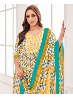 MOJILAA - Women Mustard Cotton Blend Floral Anarkali Kurta with Pant and Dupatta (Set of 3)