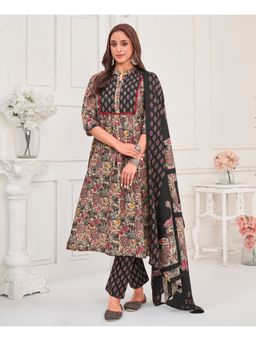 MOJILAA - Women Black Cotton Blend Floral Kurta with Pant and Dupatta (Set of 3)