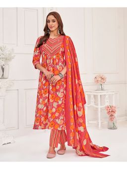 MOJILAA - Women Peach Cotton Blend Floral Kurta with Pant and Dupatta (Set of 3)