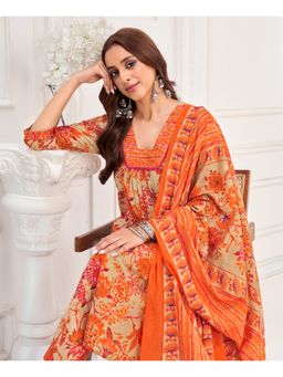 MOJILAA - Women Khaki Cotton Blend Floral Anarkali Kurta with Pant and Dupatta (Set of 3)