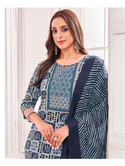 MOJILAA - Women Blue Cotton Blend Geometric Kurta with Salwar and Dupatta (Set of 3)