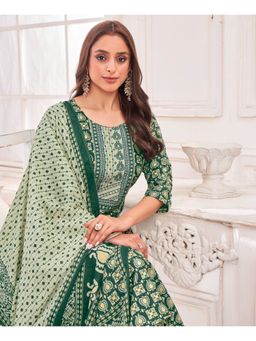 MOJILAA - Women Green Cotton Blend Geometric Kurta with Salwar and Dupatta (Set of 3)