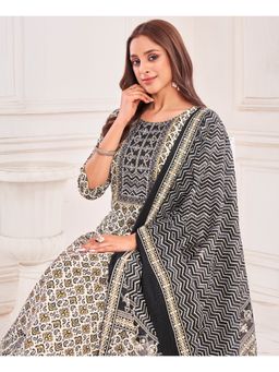 MOJILAA - Women White Cotton Blend Geometric Kurta with Salwar and Dupatta (Set of 3)