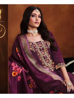 MOJILAA - Women Wine Viscose Embroidered Kurta with Salwar and Dupatta (Set of 3)
