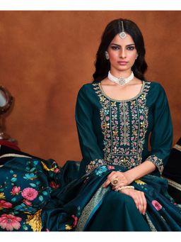 MOJILAA - Women Teal Viscose Embroidered Kurta with Salwar and Dupatta (Set of 3)