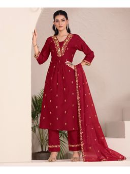 MOJILAA - Women Maroon Viscose Embroidered Anarkali Kurta with Pant and Dupatta (Set of 3)