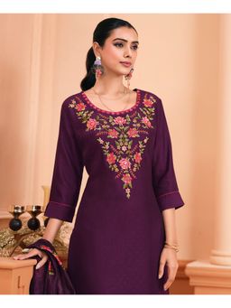MOJILAA - Women Purple Viscose Floral Kurta with Palazzo and Dupatta (Set of 3)