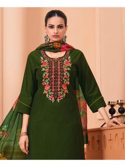 MOJILAA - Women Green Viscose Floral Kurta with Palazzo and Dupatta (Set of 3)