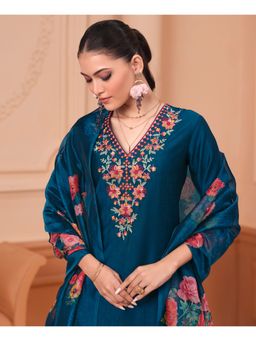 MOJILAA - Women Teal Viscose Floral Kurta with Palazzo and Dupatta (Set of 3)