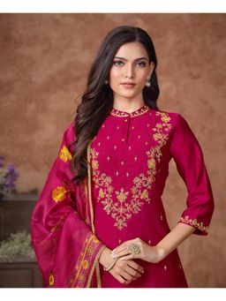 MOJILAA - Women Pink Viscose Embroidered Kurta with Pant and Dupatta (Set of 3)