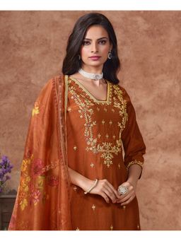 MOJILAA - Women Brown Viscose Embroidered Kurta with Pant and Dupatta (Set of 3)