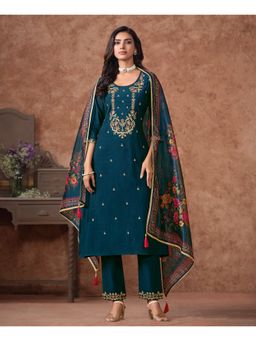 MOJILAA - Women Teal Viscose Embroidered Kurta with Pant and Dupatta (Set of 3)