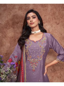 MOJILAA - Women Lavender Viscose Embroidered Kurta with Pant and Dupatta (Set of 3)