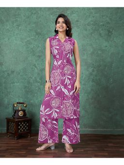 MOJILAA - Magenta Viscose Floral and Leaf Embellished Straight Kurta with Palazzo (Set of 2)