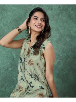 MOJILAA - Light Green Viscose Floral and Leaf Embellished Straight Kurta with Palazzo (Set of 2)