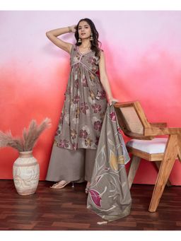 MOJILAA - Brown Floral Flared Kurta with Flared Palazzo and Printed Dupatta (Set of 3)