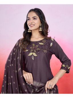 MOJILAA - Purple Floral Embroidered Straight Kurta with Pant and Dupatta (Set of 3)