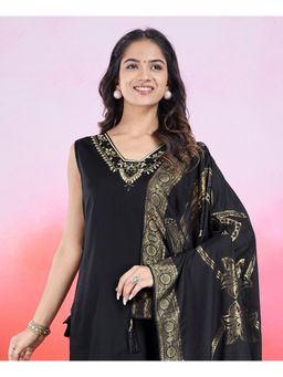 MOJILAA - Black Viscose Satin Straight Kurta with Pant and Dupatta (Set of 3)