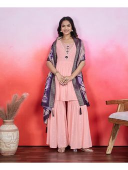 MOJILAA - Peach Embroidered Flared Kurta with Sharara and Dupatta (Set of 3)