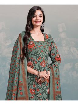 MOJILAA - Women Dark Green Cotton Floral Straight Kurta with Palazzo and Dupatta (Set of 3)
