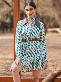 CRIMSOUNE CLUB - Women Green Printed Mini Shirt Dress with Belt (Set of 2)