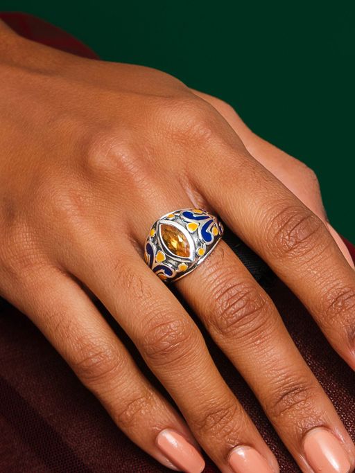 METALM Antique Oxidised Silver Ring In Yellow Citrine For Women