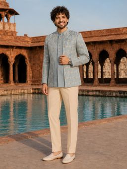 Vastramay - Men Blue Embroidered Bandhgalas with Waistcoat and Pant