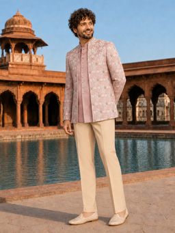 Vastramay - Men Pink Embroidered Bandhgalas with Waistcoat and Pant