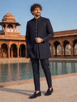 Vastramay - Men Navy Blue Jacquard Silk Blend Bandhgalas with Waistcoat and Pant