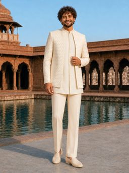 Vastramay - Men Off White Embroidered Silk Blend Bandhgalas with Waistcoat and Pant