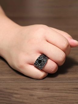 Yellow Chimes - Silver Oxidised Spade Designed Stainless Steel Metal Ring