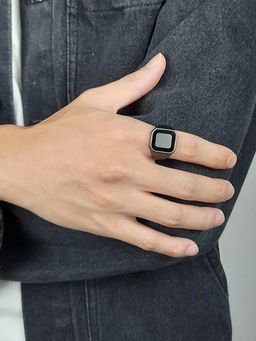 Yellow Chimes - Stainless Steel Full Black Crystal Studded Finger Ring