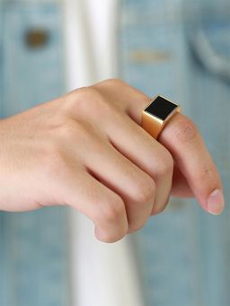 Yellow Chimes - Gold Plated Black in Center Metal Stainless Steel Band Style Ring