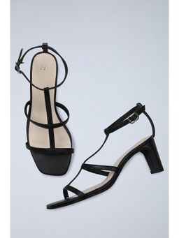W - Black Open Square Toe Sleek Block Heel