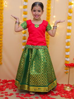 BownBee - Half Sleeve South Indian Pavda Pattu Red Lehenga with Choli (Set of 2)