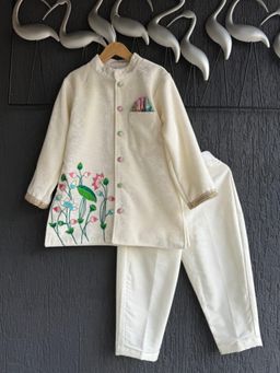 The Little Tales - Off White Velvet Embroidered Bandhgala Kurta And Pyjama