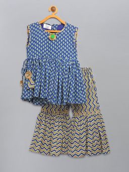 The Little Tales - Blue Printed Peplum Top With Printed Sharara