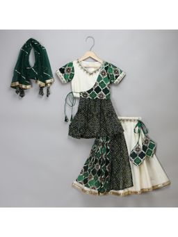 The Little Tales - Green Bandhini Peplum Top And Lehenga With Dupatta